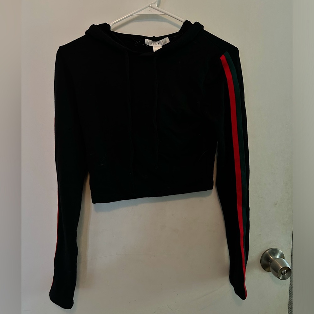 Cropped Black Hoodie With Green & Red Stripes